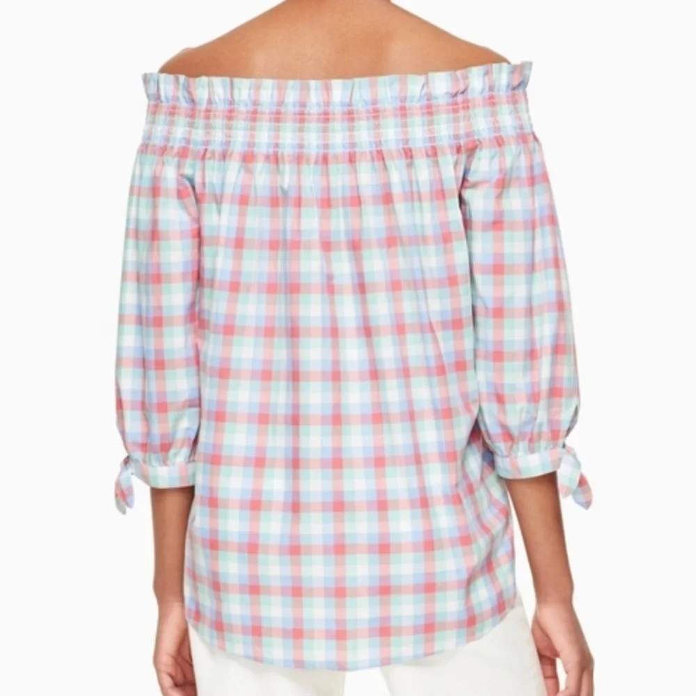 Kate Spade Madras Off Shoulder Top Blouse 3/4 Sleeve Pink Blue Gingham XXS